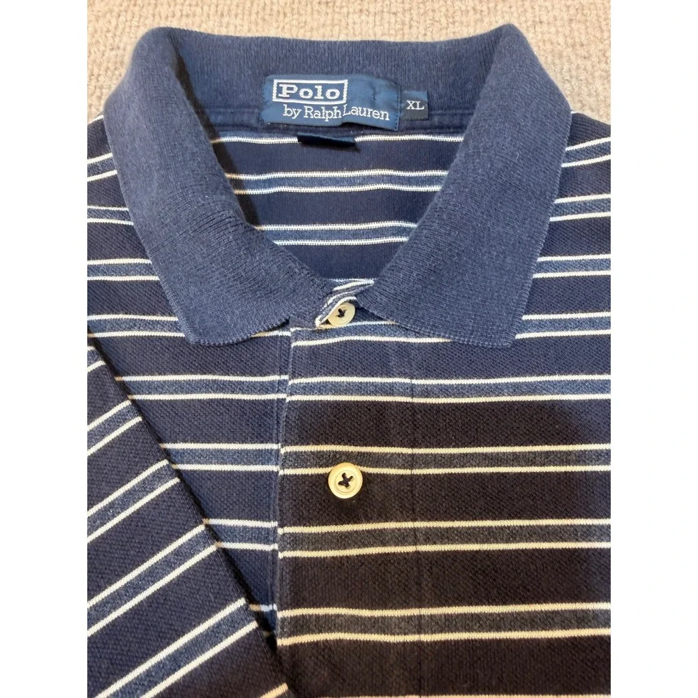 Polo Ralph Lauren Mens XL Navy Blue White Striped Short Sleeve Cotton Polo Shirt